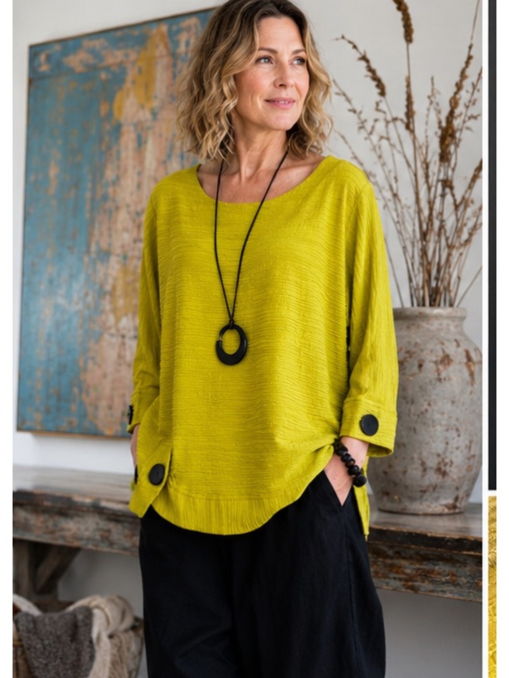 Ali Miles Textured Crinkle Top PM Lime Yellow Oversized Tunic Button Detail